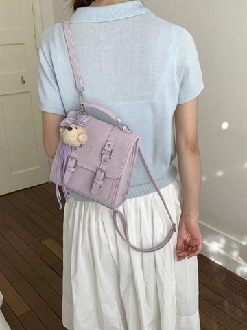 Women Fashion PU Leather Mini Backpack With Cute Bear Charm Korean Style Minimalist Stitching School Bag For Daily Travel
