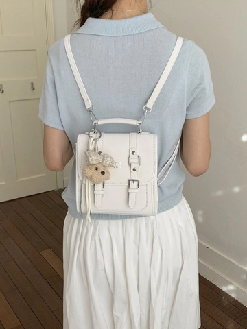 Women Fashion PU Leather Mini Backpack With Cute Bear Charm Korean Style Minimalist Stitching School Bag For Daily Travel
