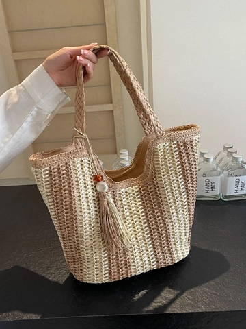 Damen Geflochtene Stroh Tragetasche Große Kapazität Gestreifte Schultertasche Mit Quaste Handgewebte Strandtasche Für Sommerurlaub Reisen