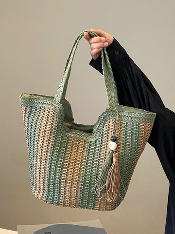 Damen Geflochtene Stroh Tragetasche Große Kapazität Gestreifte Schultertasche Mit Quaste Handgewebte Strandtasche Für Sommerurlaub Reisen