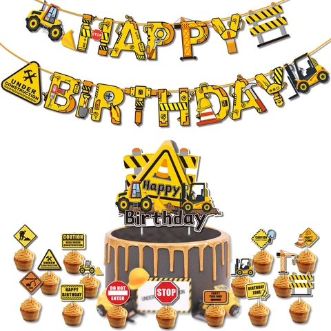 Construction Truck Birthday Party Decorations Excavator Banners Cake Toppers For Kids Construction Zone Theme Party Supplies