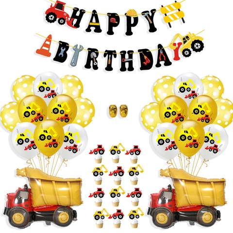 Set Decorazioni Festa Compleanno Veicolo Costruzione Tema Bagger Autocarro Banner Palloncini Lattice Alluminio Topper Torta
