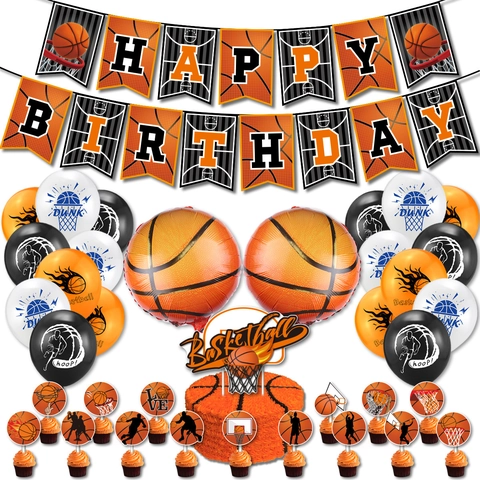 Set di Decorazioni per Festa di Compleanno a Tema Basket Palloncini in Lattice Banner in Cartone Arancione Nero Bianco