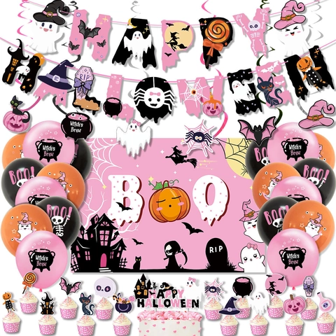 Set di Decorazioni per Feste di Halloween Rosa Con Palloncini a Teschio Striscione di Zucca Topper per Torte per Eventi