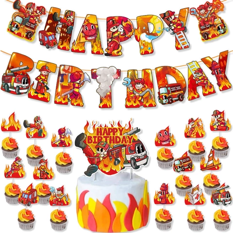 Camion dei Pompieri Pompiere Compleanno Festa Decorazioni Carta Banner Cake Topper Cartone Animato Pompiere Tema Festa Forniture per Bambini Ragazzi
