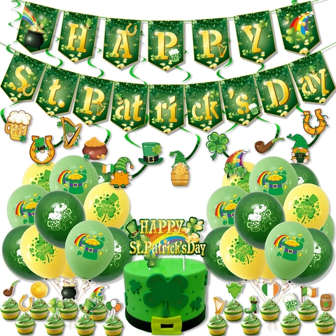St Patrick Day Party Decoration Set Irish Festival Green Shamrock Banner Latex Balloons Cake Topper Hanging Swirls Party Supplies