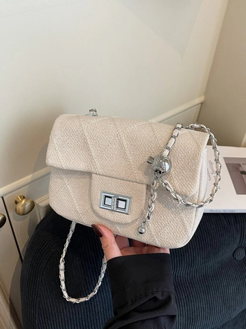 Women Quilted Chain Crossbody Bag French Elegant Small Square Bag Metal Lock Adjustable Shoulder Bag Tweed PU Messenger Bag