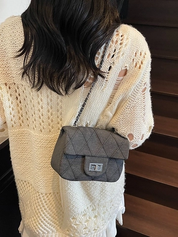 Women Quilted Chain Crossbody Bag French Elegant Small Square Bag Metal Lock Adjustable Shoulder Bag Tweed PU Messenger Bag