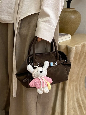 Vintage PU Leather Shoulder Bag For Women Fashion Crossbody Handbag With Optional Plush Rabbit Pendant Square Purse