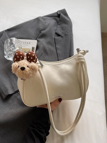Sac Hobo Demi-Lune pour Femme en Cuir PU avec Charme d'Ours en Peluche Bandoulière Nouée Sac à Épaule Sous le Bras