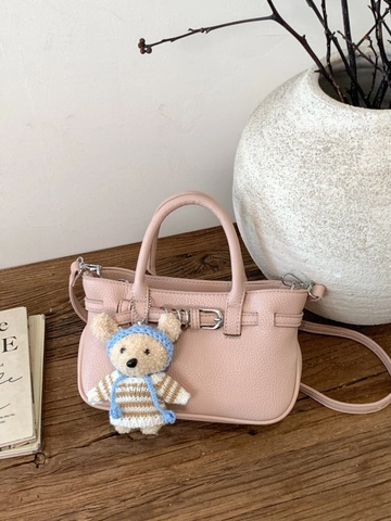 Women Fashion PU Leather Shoulder Bag Litchi Texture Stitching Handbag With Bear Charm Crossbody Bag Retro Minimalist Top Handle Bag