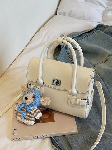 Sac à Main en Cuir PU Texturé Rétro pour Femmes Sac à Bandoulière Vintage avec Pendentif Ours en Peluche et Fermoir Tournant