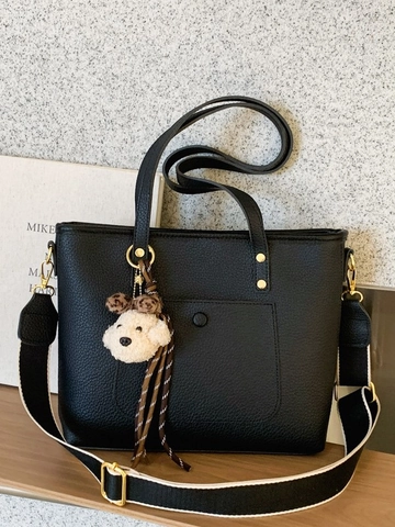 Borsa Tote da Donna in Pelle PU con Motivo Litchi Grande Capacità Borsa a Tracolla per Pendolari con Ciondolo Orso di Peluche