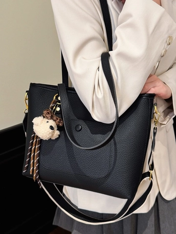Borsa Tote da Donna in Pelle PU con Motivo Litchi Grande Capacità Borsa a Tracolla per Pendolari con Ciondolo Orso di Peluche