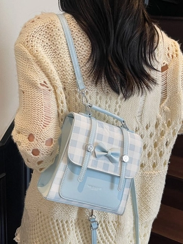 Damen Fashion Karo Schleife Rucksack Mini PU Leder Quadratisch Student Umhängetasche Casual Handtasche Schule College Stil Reisepack