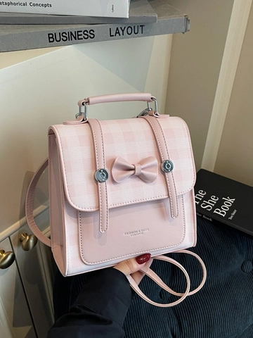 Damen Fashion Karo Schleife Rucksack Mini PU Leder Quadratisch Student Umhängetasche Casual Handtasche Schule College Stil Reisepack
