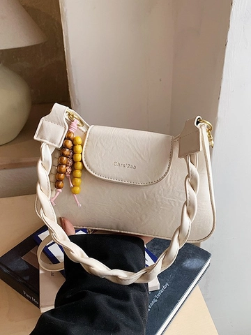 Women Vintage PU Leather Shoulder Bag Fashion Braided Strap Underarm Bag Casual Crossbody Bag With Beaded Charm Top Handle Bag