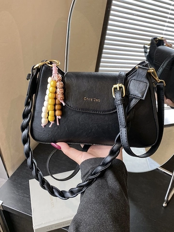 Women Vintage PU Leather Shoulder Bag Fashion Braided Strap Underarm Bag Casual Crossbody Bag With Beaded Charm Top Handle Bag