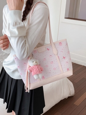 Women Sweet Cartoon Print Tote Bag Large Capacity PU Leather Shoulder Bag With Bear Pendant For School Daily Commute