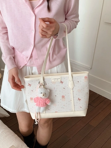 Women Sweet Cartoon Print Tote Bag Large Capacity PU Leather Shoulder Bag With Bear Pendant For School Daily Commute