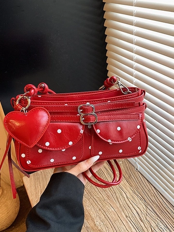 Borsa Sottobraccio in Pelle PU a Pois da Donna Vintage Sweet Cool Borsa a Spalla Con Ciondolo a Cuore Borsa a Mano