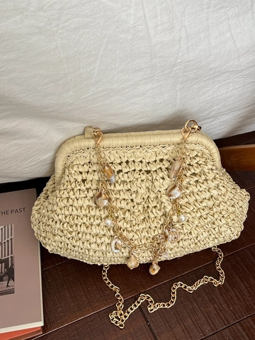Bolso de Mano de Paja de Trigo Tejido para Mujer Forma de Concha Con Perlas Artificiales Dijes Cadena de Metal Vacaciones Playa