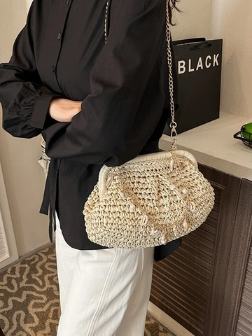Bolso de Mano de Paja de Trigo Tejido para Mujer Forma de Concha Con Perlas Artificiales Dijes Cadena de Metal Vacaciones Playa