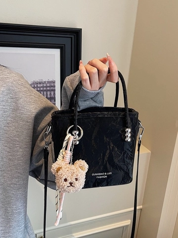Damen Mode PU Leder Marmor Textur Eimertasche Mit Plüsch Bär Anhänger Kleine Umhängetasche Crossbody Tasche Für Alltag