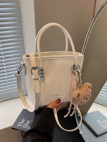 Damen Mode PU Leder Marmor Textur Eimertasche Mit Plüsch Bär Anhänger Kleine Umhängetasche Crossbody Tasche Für Alltag
