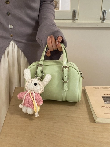 Retro PU Leather Boston Bag For Women Korean Style Glossy Small Crossbody Shoulder Bag With Plush Rabbit Charm