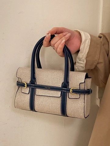 Damen Retro Canvas PU Leder Spleißen Schultertasche Minimalistische Quadratische Umhängetasche Exquisite Pendler Handtasche Mit Metallschnalle