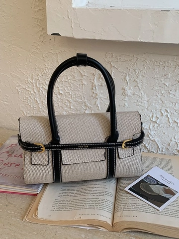 Damen Retro Canvas PU Leder Spleißen Schultertasche Minimalistische Quadratische Umhängetasche Exquisite Pendler Handtasche Mit Metallschnalle
