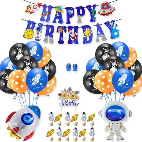 Set Decorazioni Festa Compleanno Spazio Astronauta Razzo Palloncini Lattice Alluminio Banner Happy Birthday Cake Topper