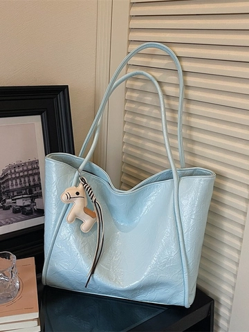 Sac Fourre-tout Femme Grande Capacité en Cuir PU Texture Plissée Avec Pendentif Cheval Sac à Main de Bureau Simple