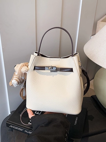 Vintage Litchi Pattern PU Leather Bucket Bag For Women Minimalist Metal Lock Handheld Shoulder Crossbody Commute Daily Bag