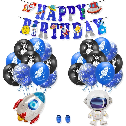 Set Decorazioni Festa Compleanno Spazio Astronauta Razzo Palloncini Lattice Alluminio Banner Happy Birthday Cake Topper