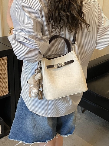 Vintage Litchi Pattern PU Leather Bucket Bag For Women Minimalist Metal Lock Handheld Shoulder Crossbody Commute Daily Bag