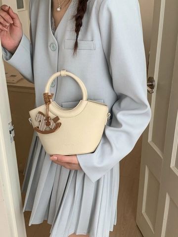Retro Damen Schulter Handtasche PU Leder Lychee Muster Eimer Tasche Mit Rundem Griff Pferd Anhänger Elegante Umhängetasche