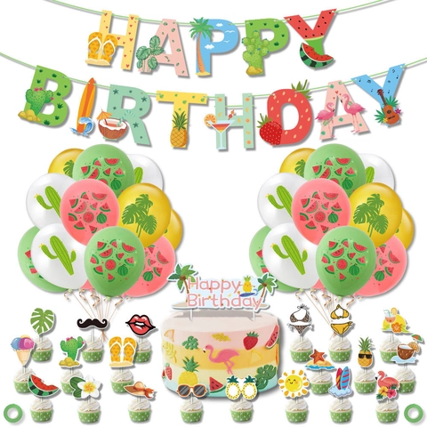 Hawaiianisches Tropisches Geburtstags Party Deko Set Sommer Frucht Flamingo Banner Kuchen Topper Latex Ballons Kit Party Dekoration