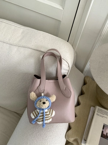 Borsa a Secchiello in Pelle PU a Grana di Litchi da Donna Minimalista Borsa a Tracolla con Simpatico Ciondolo a Orso Retrò Borsa Quotidiana Versatile