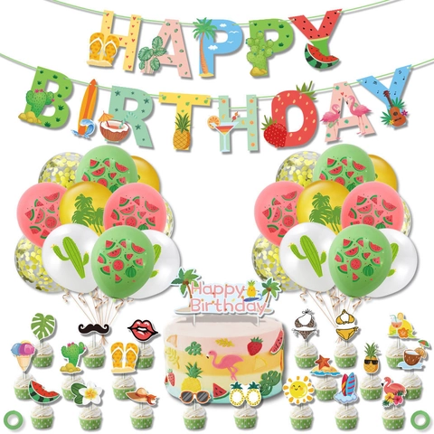Hawaiianisches Tropisches Geburtstags Party Deko Set Sommer Frucht Flamingo Banner Kuchen Topper Latex Ballons Kit Party Dekoration