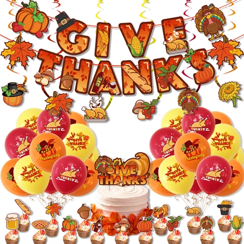 Set Decorazioni Festa del Ringraziamento Banner Give Thanks Palloncini Lattice Decorazioni Torta Raccolto Autunnale Tacchino Zucca