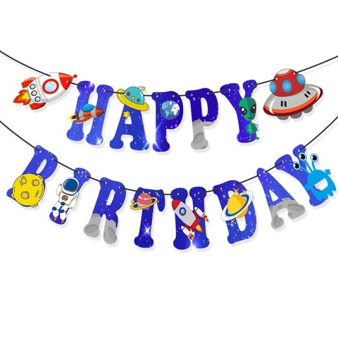 Weltraum Astronaut Thema Happy Birthday Papier Banner Cartoon Rakete Planet UFO Wimpelkette Girlande Für Kinder Geburtstag Party Deko