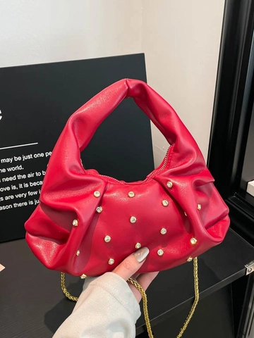 Sac à Épaule Plissé en Cuir PU pour Femme Avec Décoration en Strass Bandoulière Chaîne Dorée Sac à Main Nuage pour Femme
