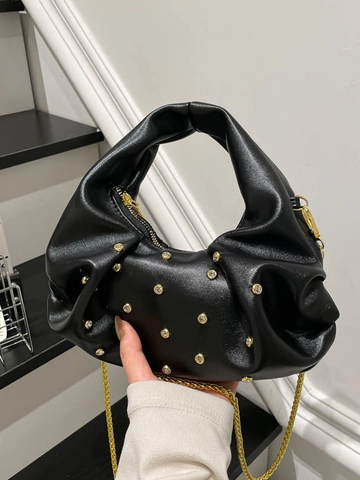 Sac à Épaule Plissé en Cuir PU pour Femme Avec Décoration en Strass Bandoulière Chaîne Dorée Sac à Main Nuage pour Femme