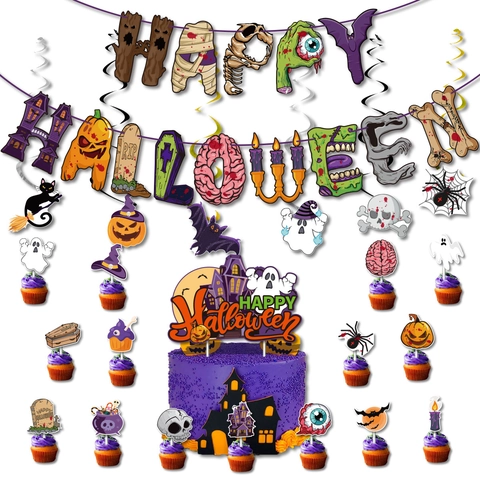 Decorazioni per Feste di Halloween Banner di Carta Topper per Torte Decorazioni a Spirale per Bar Casa Stregata Fantasma Zucca