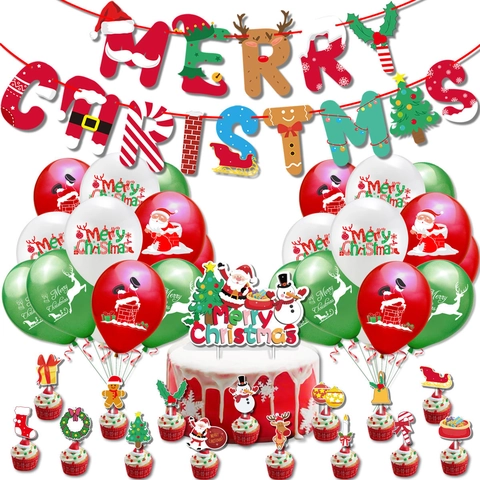 Set Decorazioni Festa di Natale Palloncini Lattice Banner Carta Topper Torta Babbo Natale Renna Modelli Forniture per Eventi