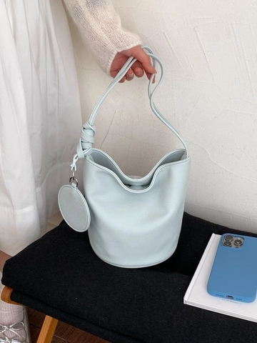 Women's Minimalist PU Leather Bucket Bag Korean Ins Style Shoulder Bag With Knot Strap And Round Charm Crossbody Purse