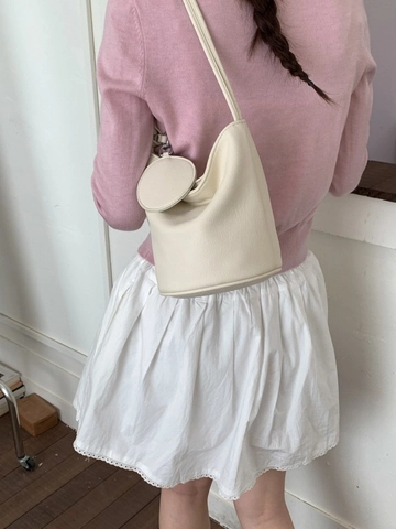 Women's Minimalist PU Leather Bucket Bag Korean Ins Style Shoulder Bag With Knot Strap And Round Charm Crossbody Purse
