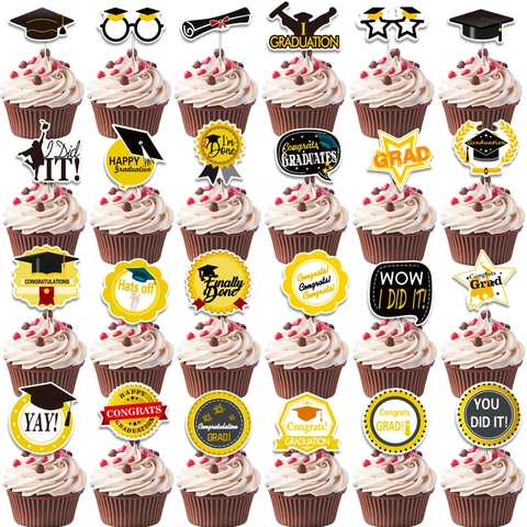 Graduation Ceremony Cupcake Toppers Black Gold Paper Cake Decoration Wood Sticks Party Decorative Picks For Celebration